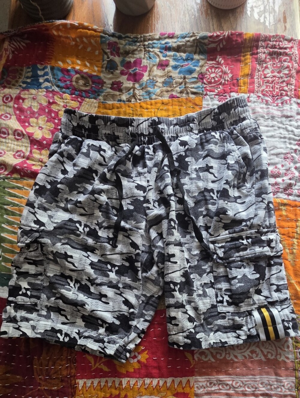 Men's Black & Gray Camouflage Cargo Shorts with Drawstring Waist